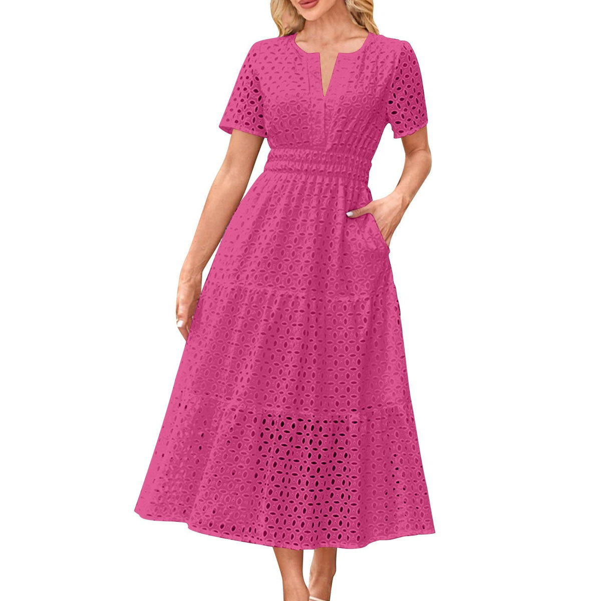 thumbnail image 2 of Aobny Tummy Control Sexy Dresses for Women Going Out Cotton Pink A-Line Eyelet Midi Short Sleeve Vacation Dresses, 2 of 5