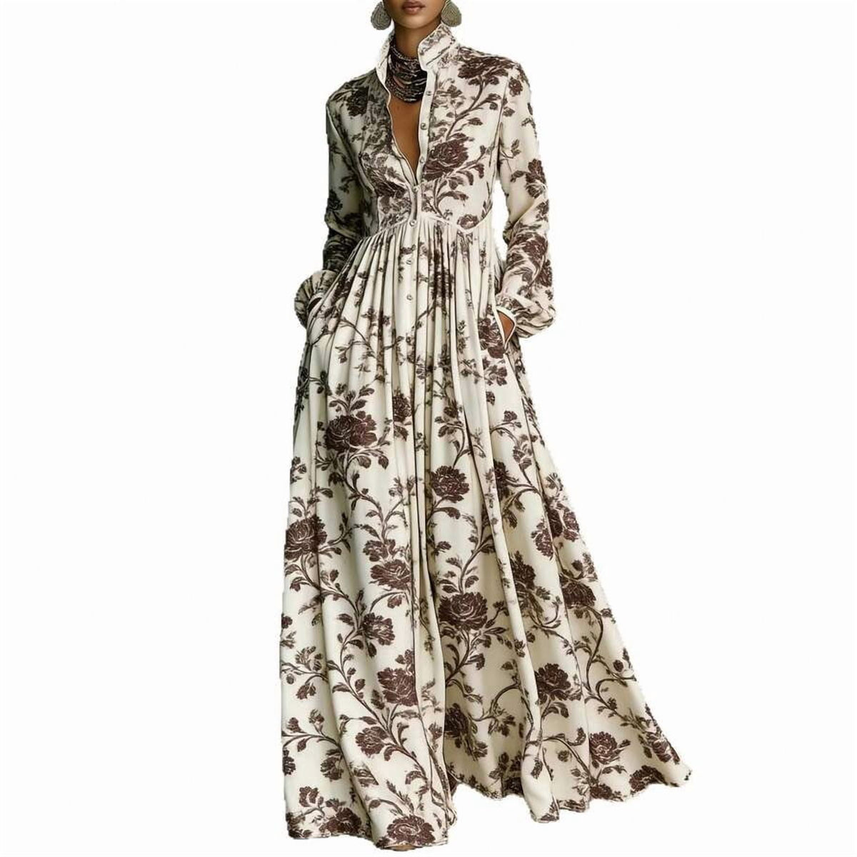 thumbnail image 6 of Floral Print Long Sleeve Shirt Dress With Collar Pockets And A-Line Skirt, 6 of 23