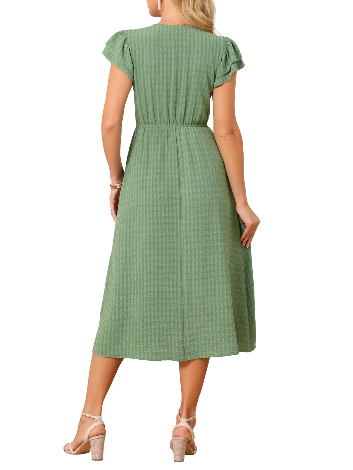 thumbnail image 3 of INSPIRE CHIC Women's Summer Dresses 2026 Ruffle Short Sleeve V Neck Button Flowy A-Line Midi Dress with Pockets M Green, 3 of 6