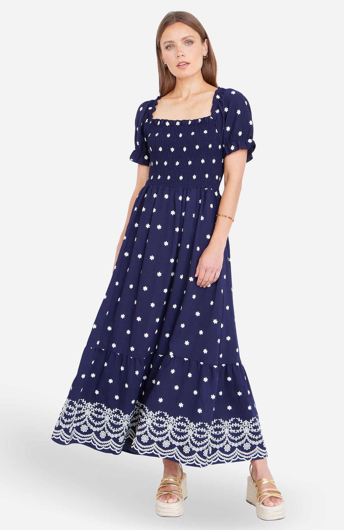 thumbnail image 3 of Yumi Border Hemline Smocked Maxi Dress - Navy, 4, 3 of 5