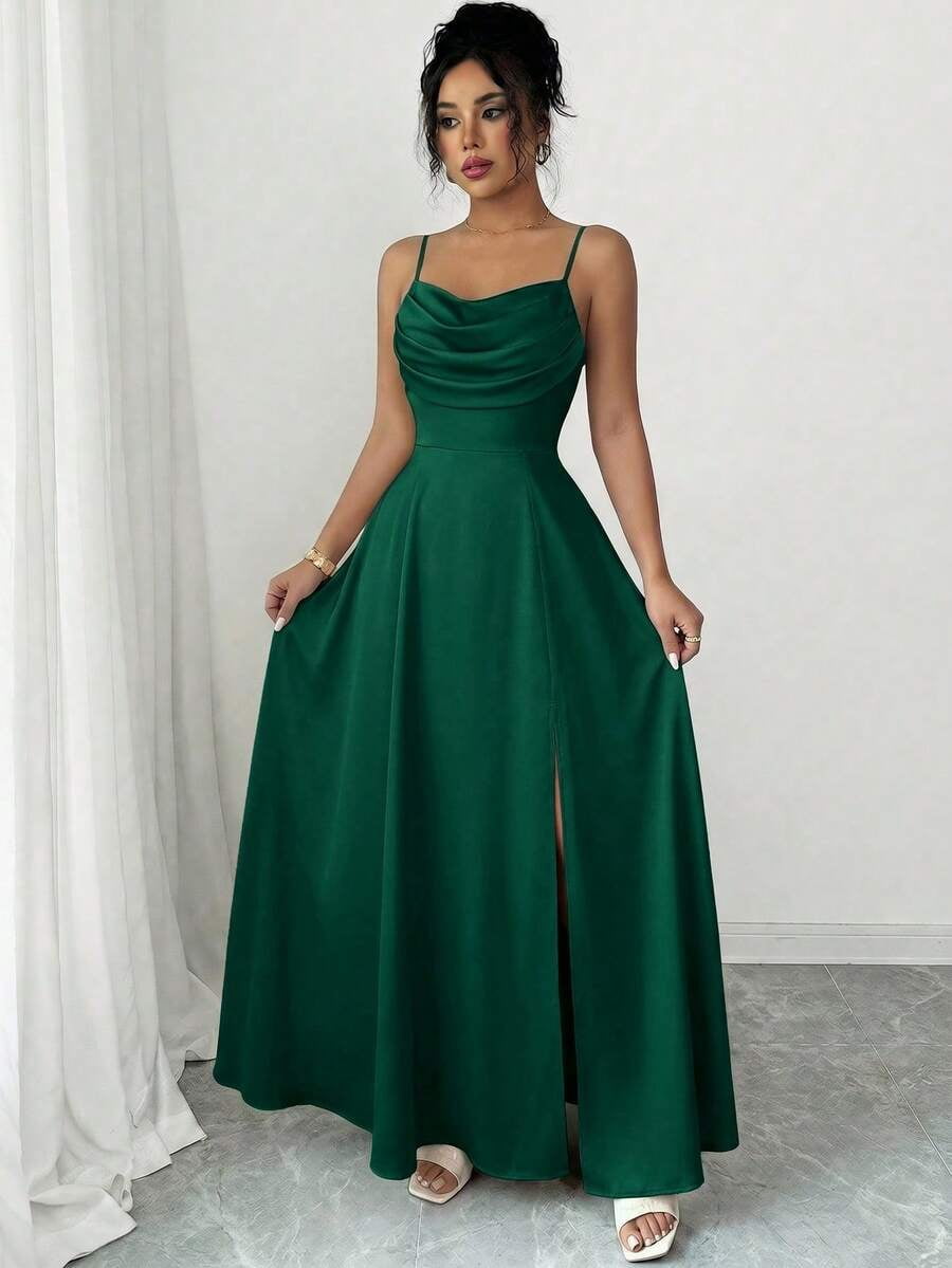 thumbnail image 3 of Womens Dark Green Satin Spaghetti Strap Cowl Neck Evening Gown, 3 of 8