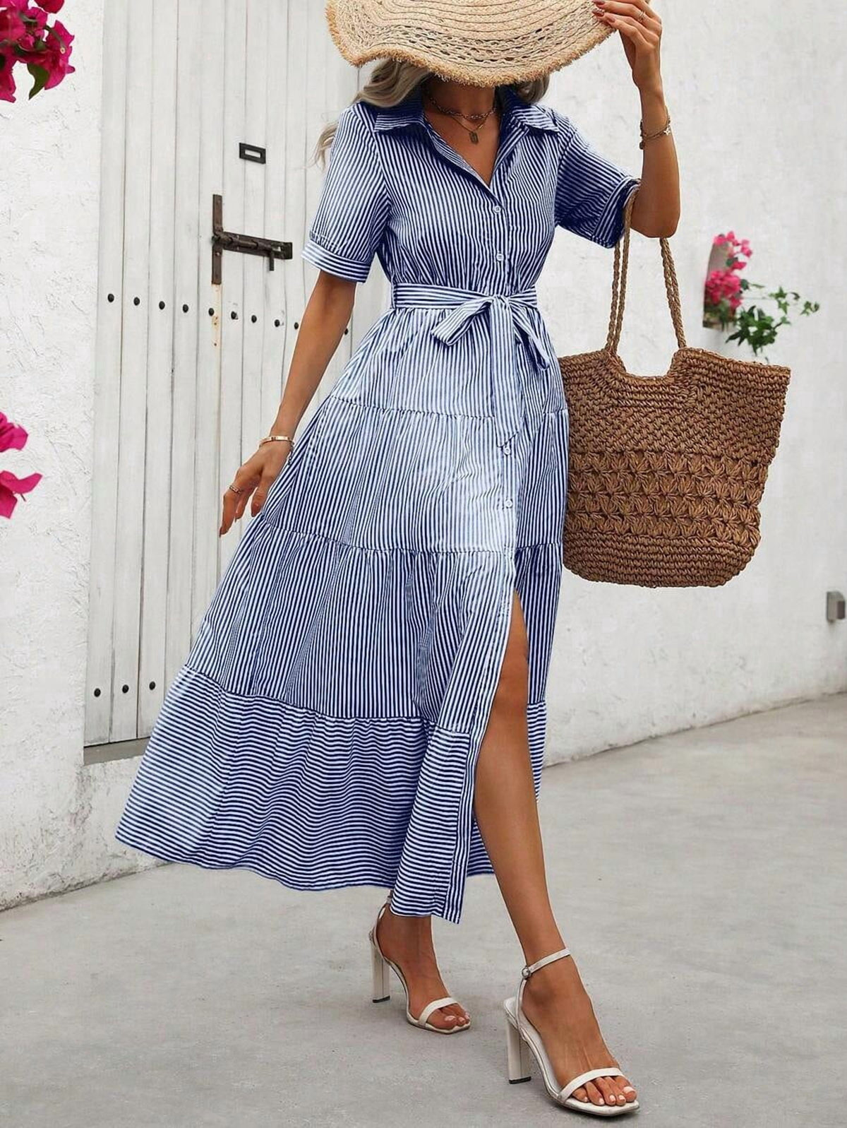 thumbnail image 5 of Womens Blue Striped Short Sleeve Casual Shirt Maxi Dress with Belt and Slit, 5 of 7