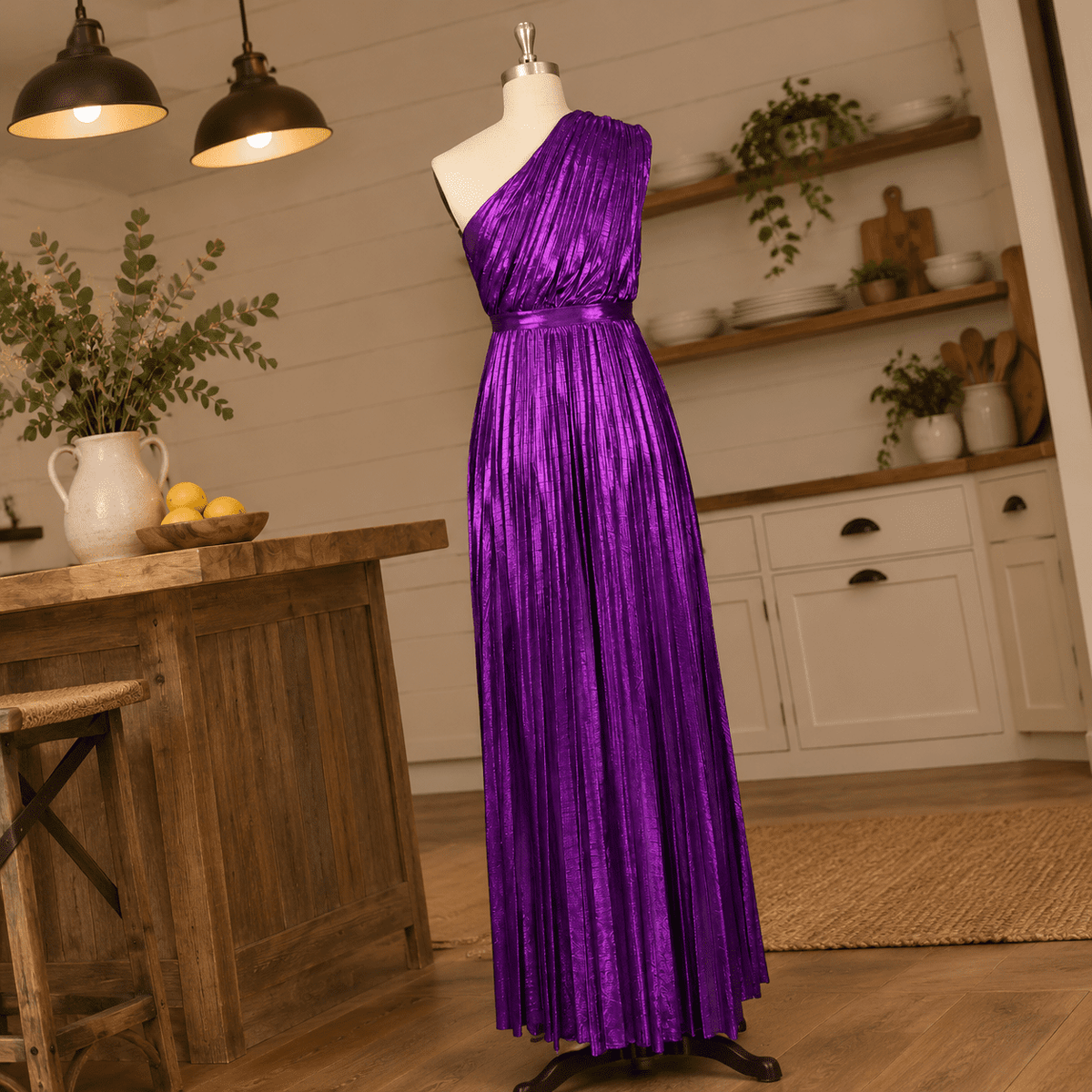 thumbnail image 4 of Women's Purple Metallic One Shoulder Sleeveless Pleated Long Dress, Medium, 4 of 6