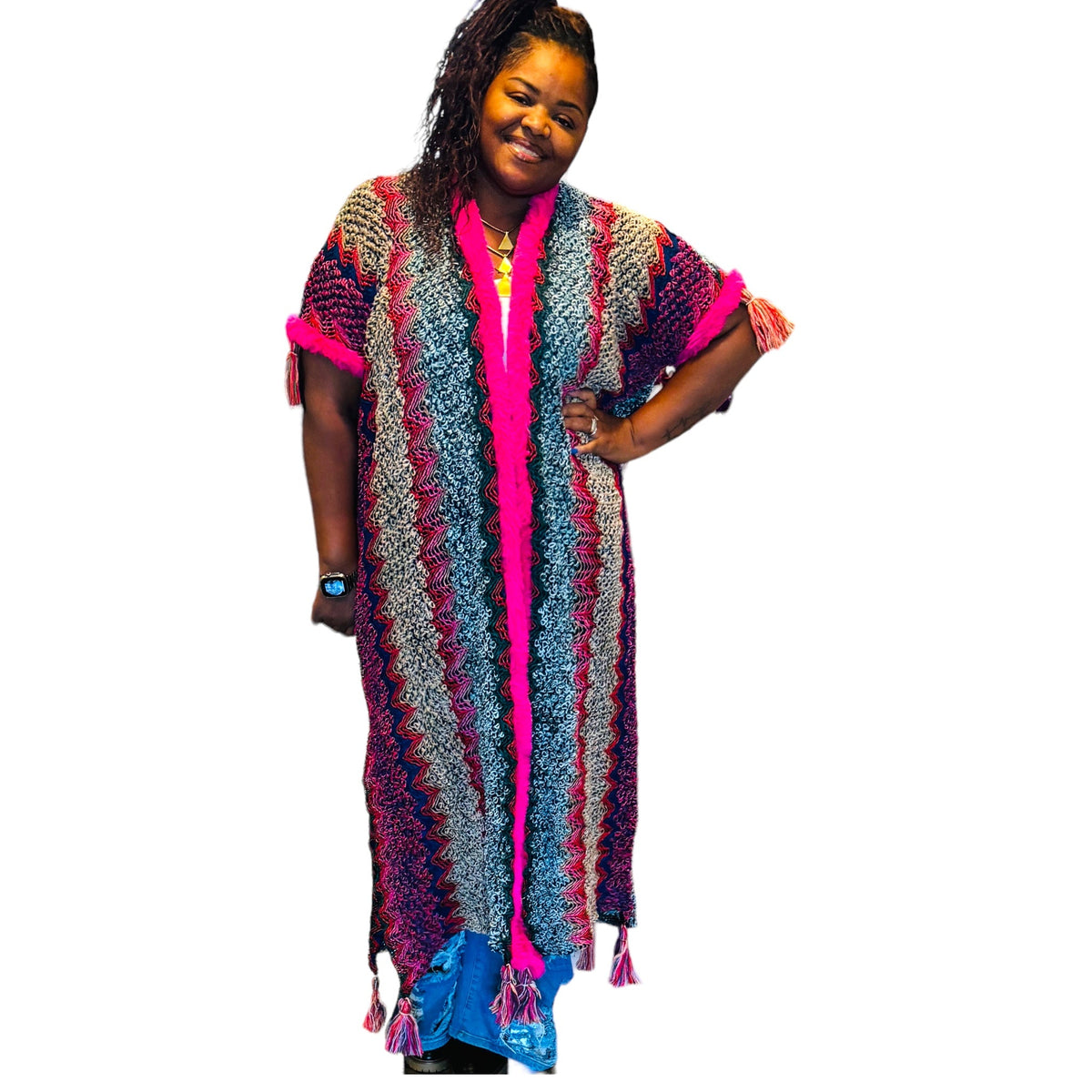 thumbnail image 2 of Woman Bohemian Hot Pink Tassel Knitted Maxi Cardigan, 2 of 3