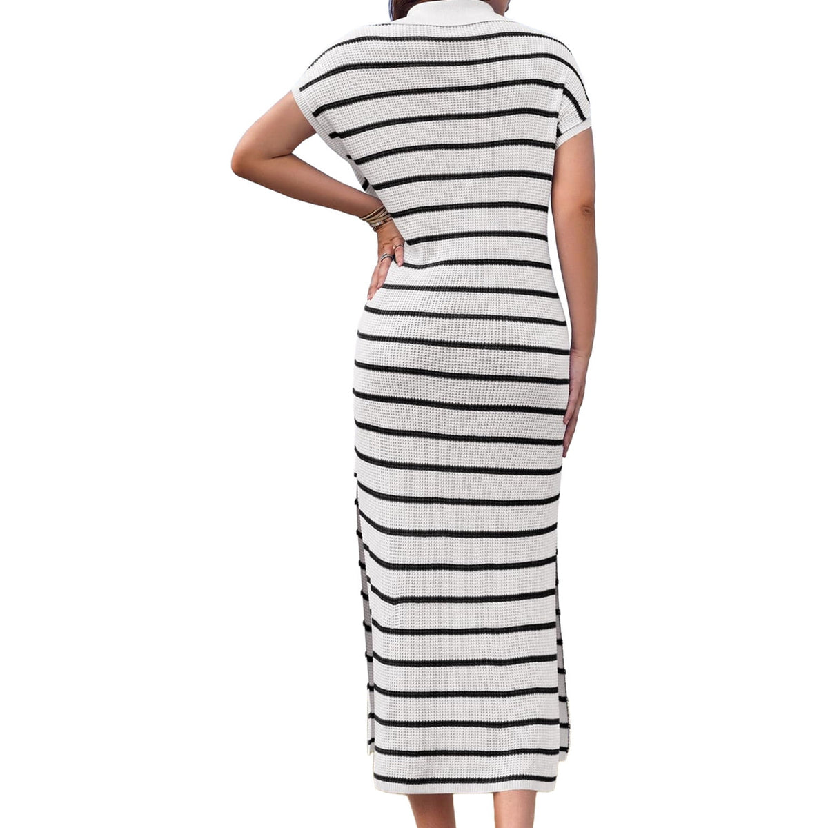 thumbnail image 4 of Short Sleeved Women V-neck Casual Loose Knit Dress Lapel Striped Print Straight Knee Sweater Dress, 4 of 5