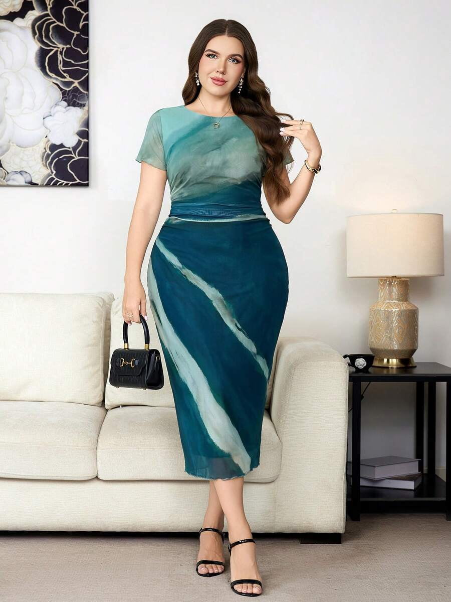 thumbnail image 5 of Plus Size Green Tie-Dye Print Short Sleeve Wrap Midi Dress, 5 of 10