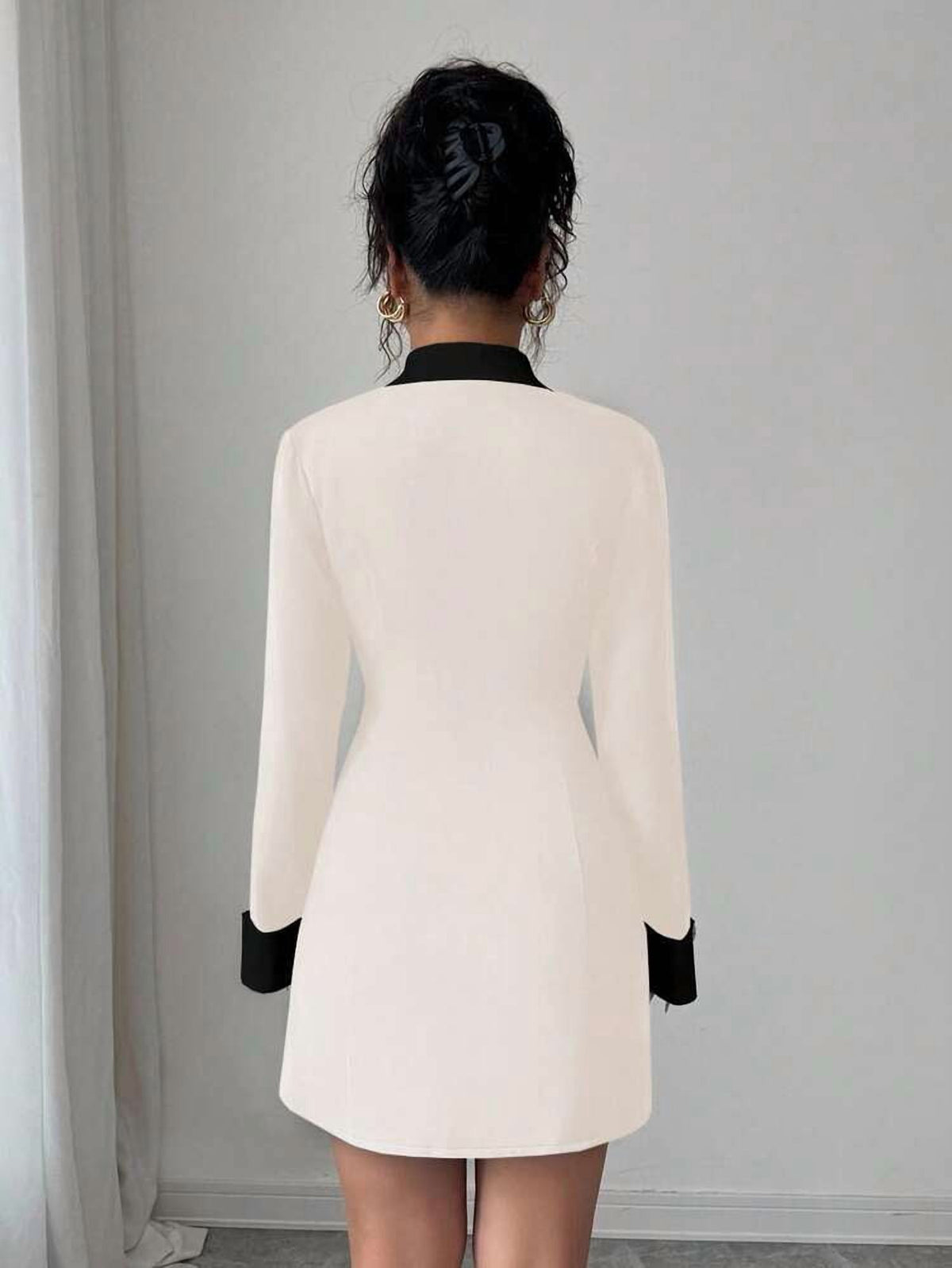 thumbnail image 2 of Apricot Long Sleeve Double Breasted Blazer Dress with Contrast Lapels, 2 of 6