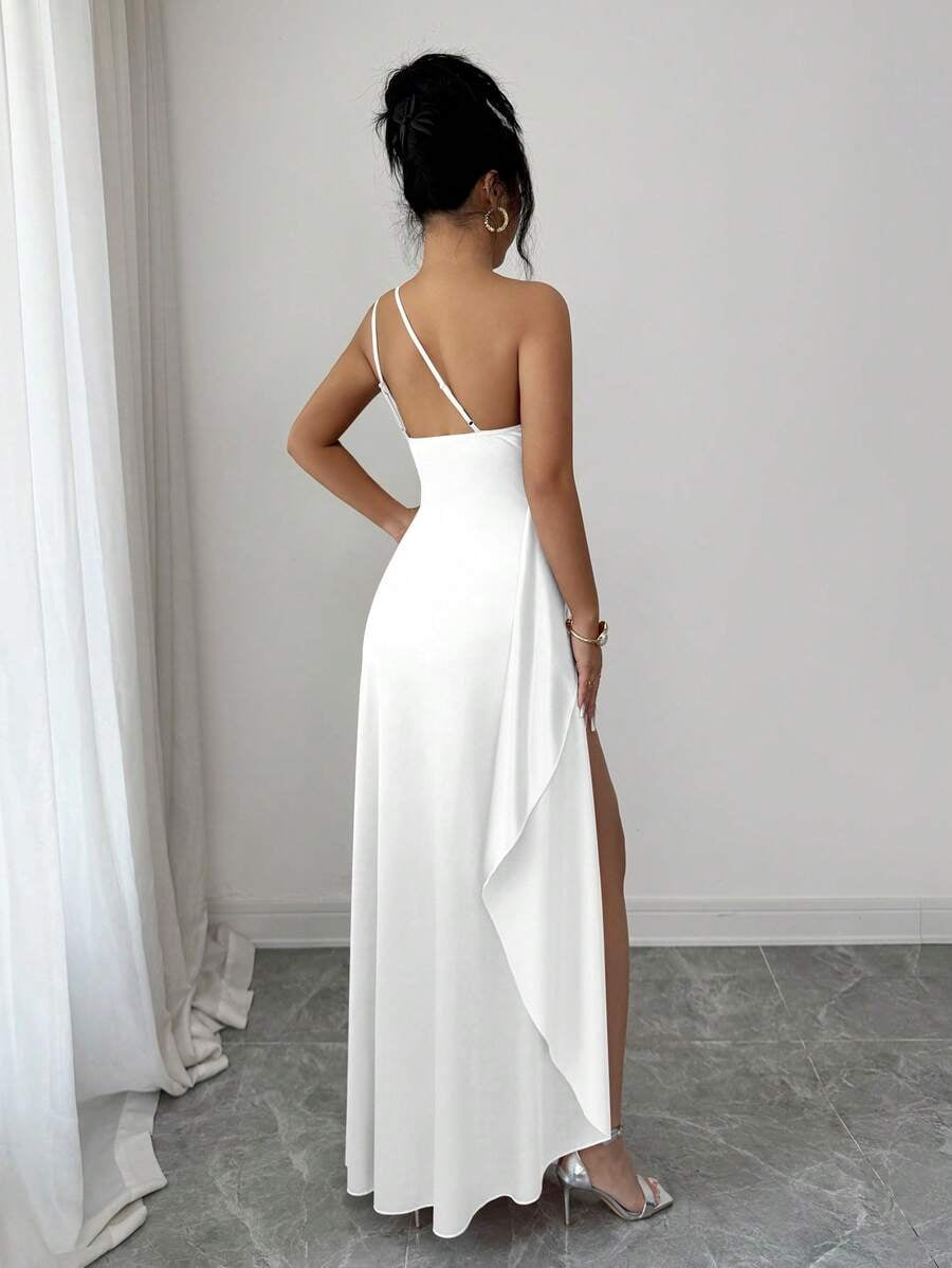 thumbnail image 2 of Womens White Satin One Shoulder Evening Gown with Ruched Waist High Slit, 2 of 6