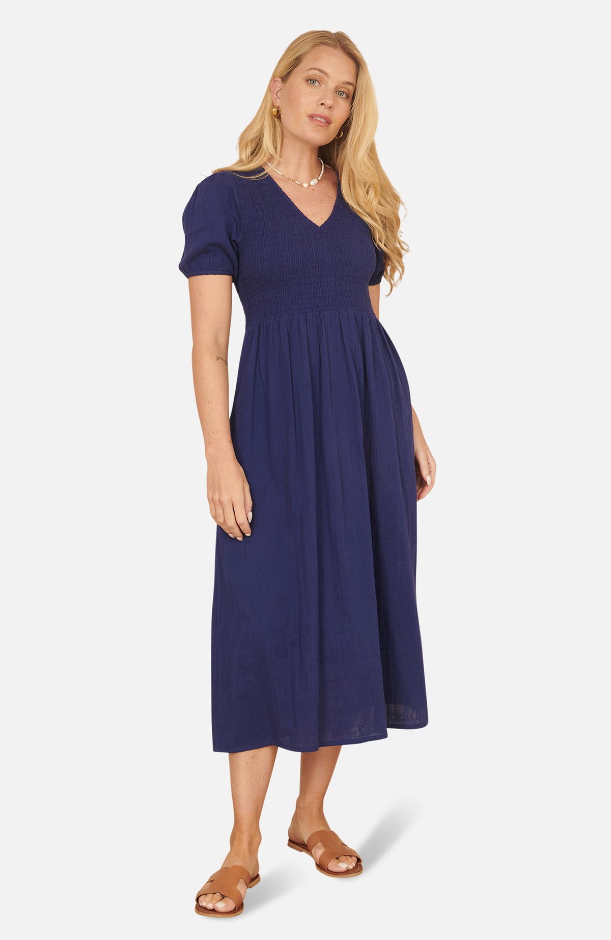 thumbnail image 3 of Yumi Double Cotton Ruched Midi Dress - Navy, 4, 3 of 5