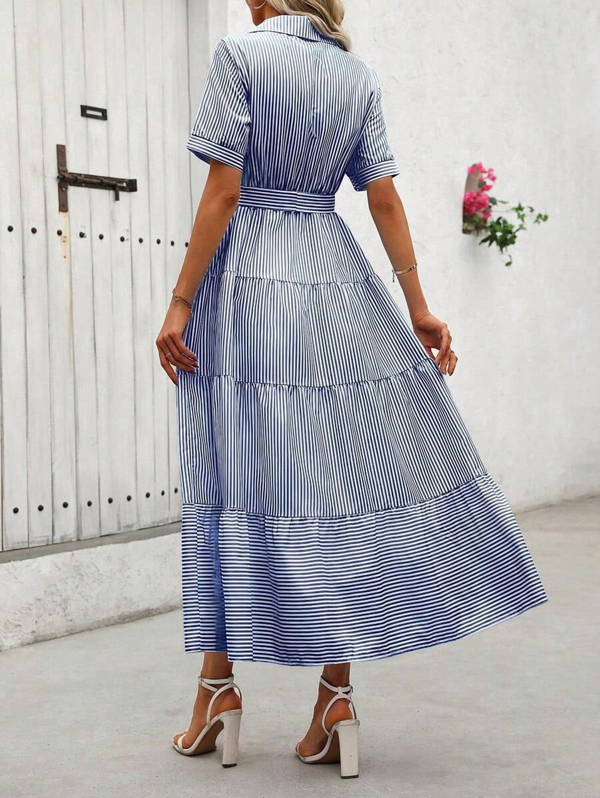thumbnail image 2 of Womens Blue Striped Short Sleeve Casual Shirt Maxi Dress with Belt and Slit, 2 of 7