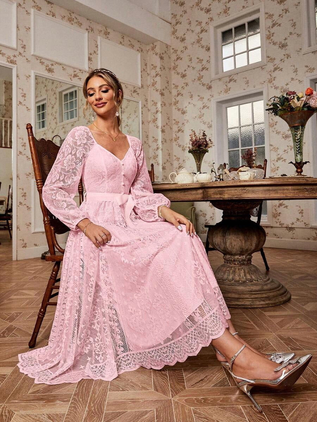thumbnail image 3 of Elegant Pink Lace Fit & Flare Midi Dress With V-Neck And Belted Waist, 3 of 17