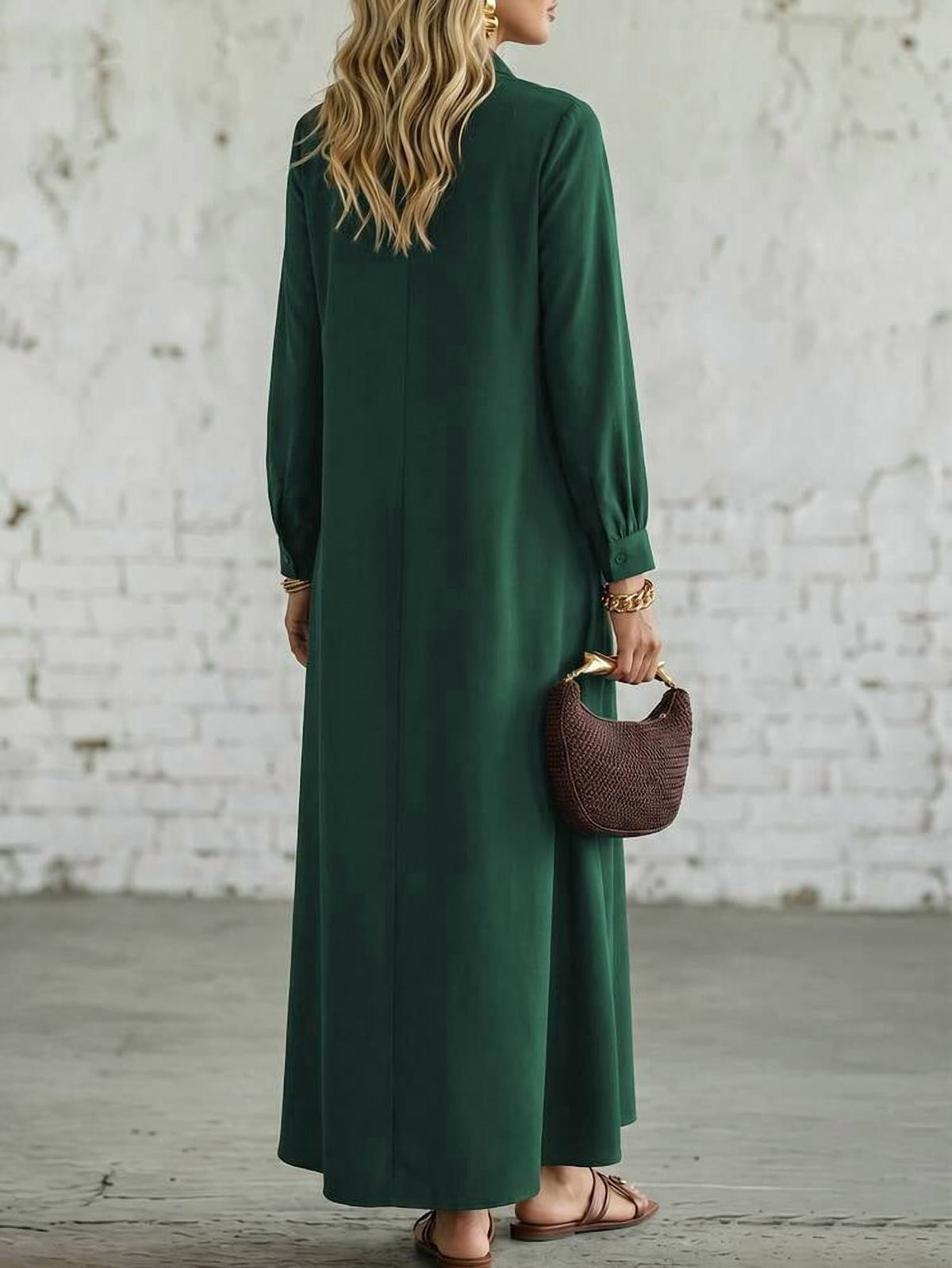 thumbnail image 2 of Dark Green Long Sleeve Mandarin Collar Frog Button Maxi Dress, 2 of 3