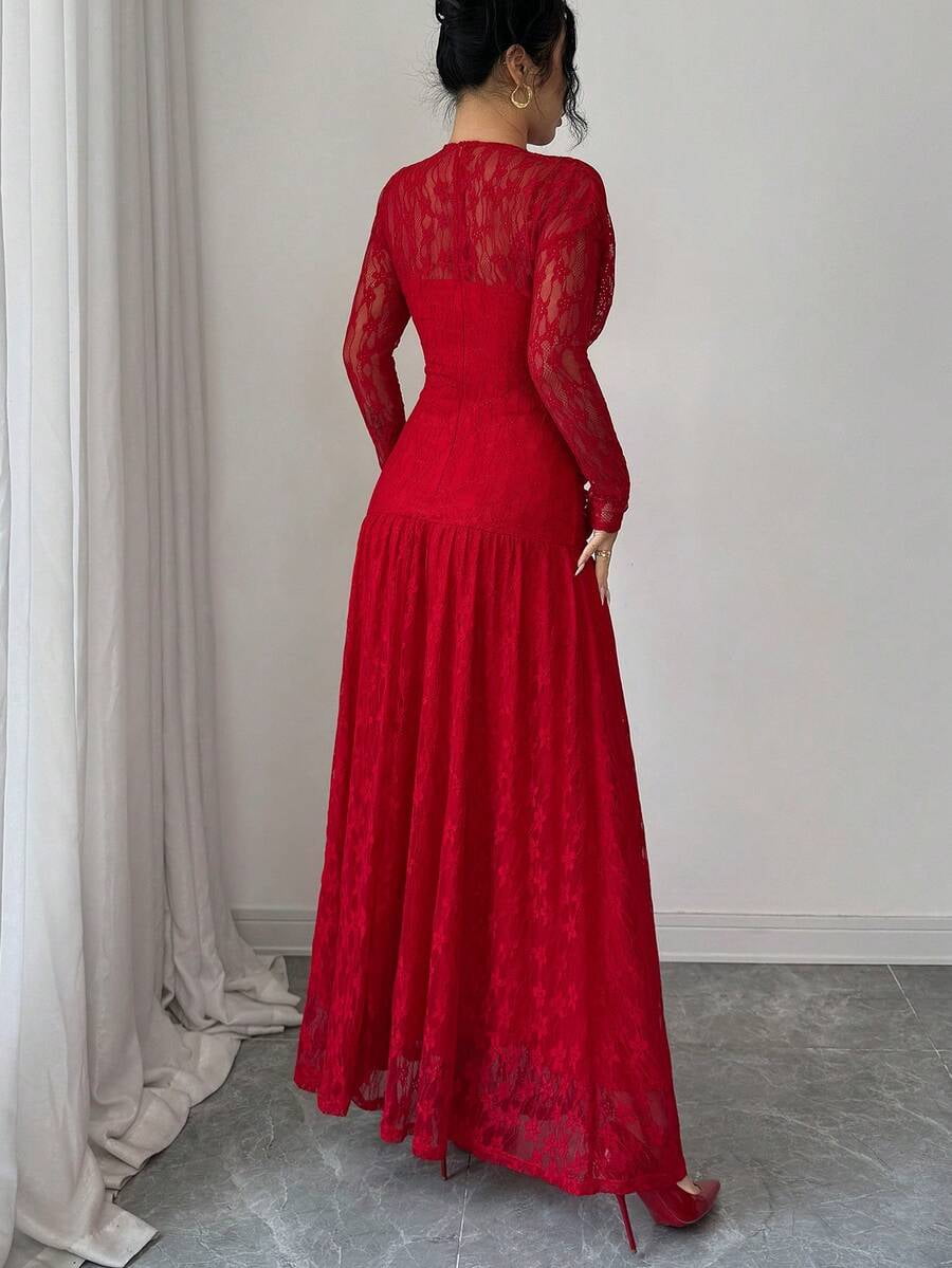 thumbnail image 2 of Red Lace Ruched Long Sleeve Bodycon Maxi Dress For Evening Or Party, 2 of 30