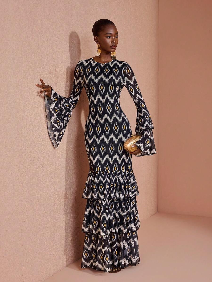 thumbnail image 6 of Multicolor Boho Chic Tiered Maxi Dress with Geometric Print, Flared Bell, 6 of 8