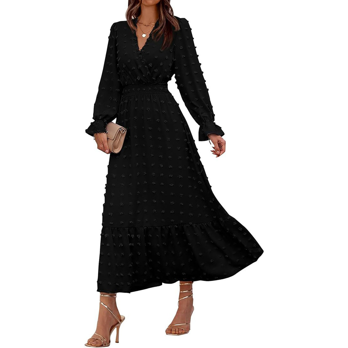 thumbnail image 2 of felwors Women Fall Maxi Dresses 2025 Long Sleeve V Neck Swiss Dots High Waisted A-Line Ruffle Boho Long Dress Vacation Black, XL, 2 of 5