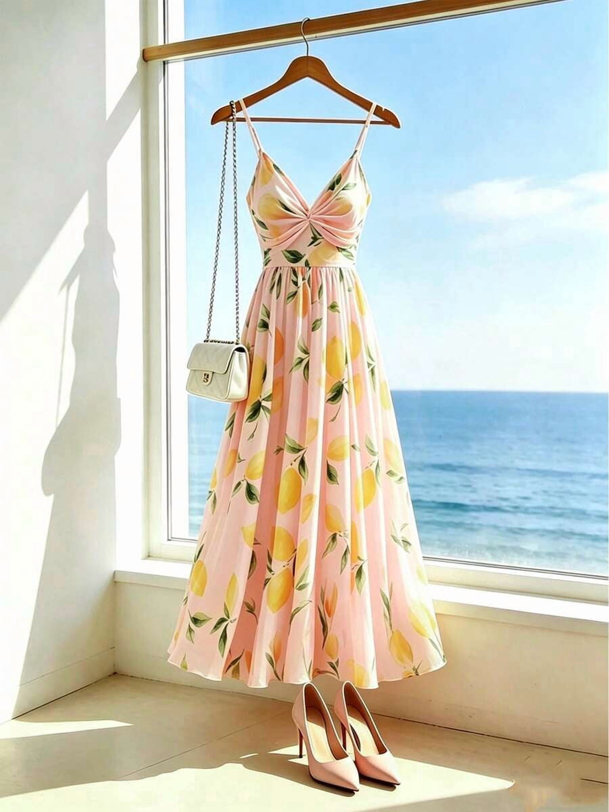 thumbnail image 5 of Womens Baby Pink Lemon Print Spaghetti Strap Summer Dress Full Skirt, 5 of 5