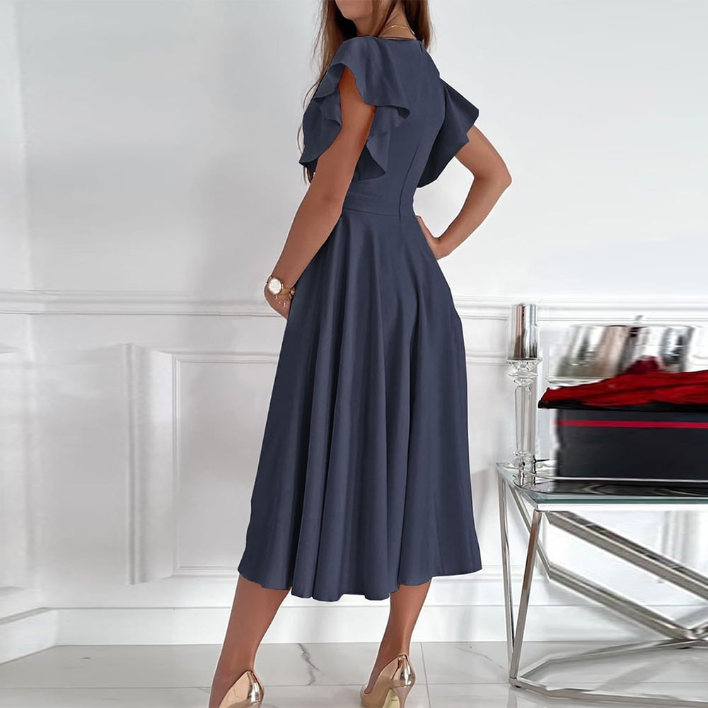 thumbnail image 3 of Fjuchai Women's Chiffon Dresses Short Sleeve V Neck Casual Ruffle Swing Dress S-XXL, 3 of 9