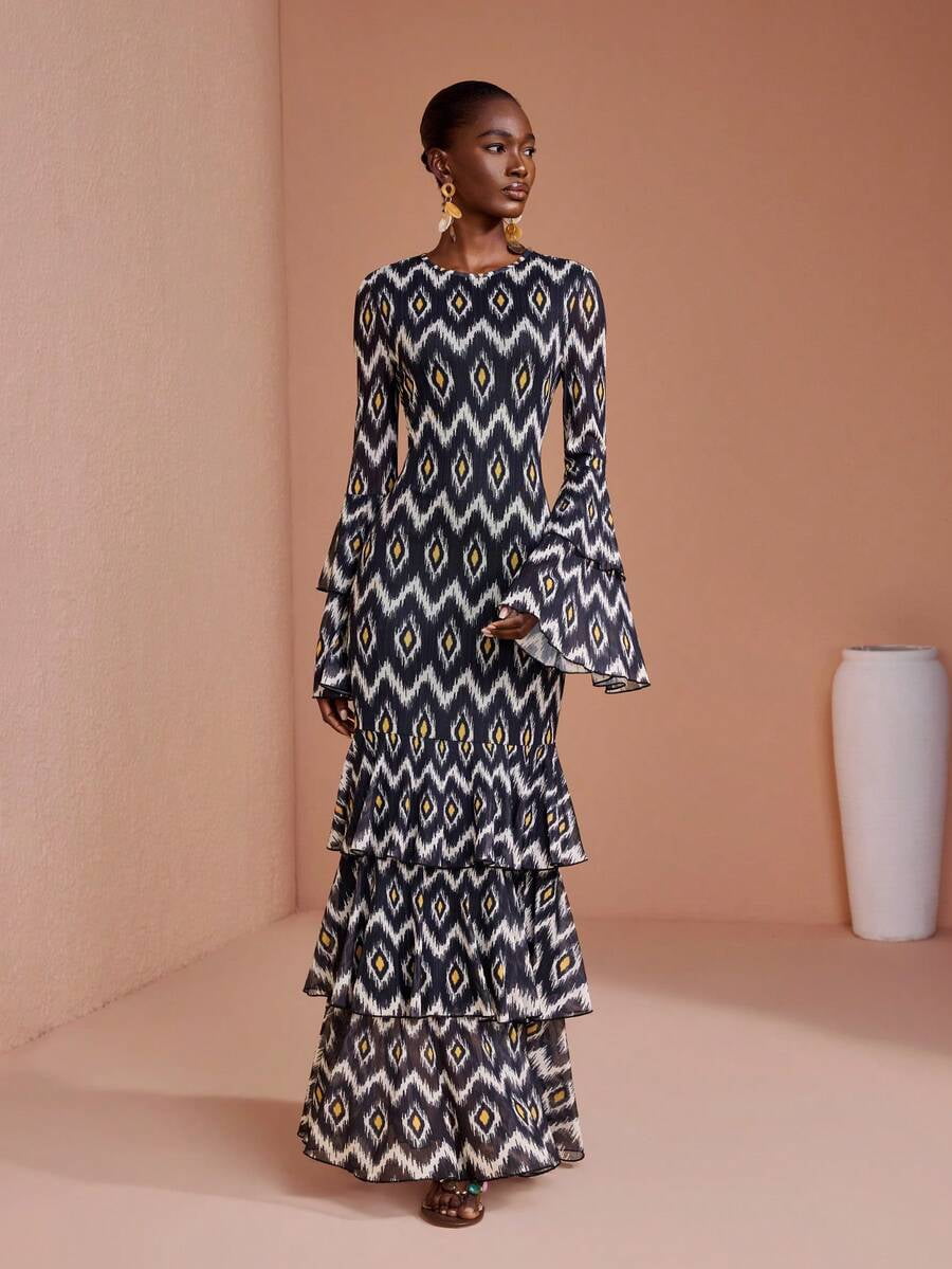 thumbnail image 4 of Multicolor Boho Chic Tiered Maxi Dress with Geometric Print, Flared Bell, 4 of 8