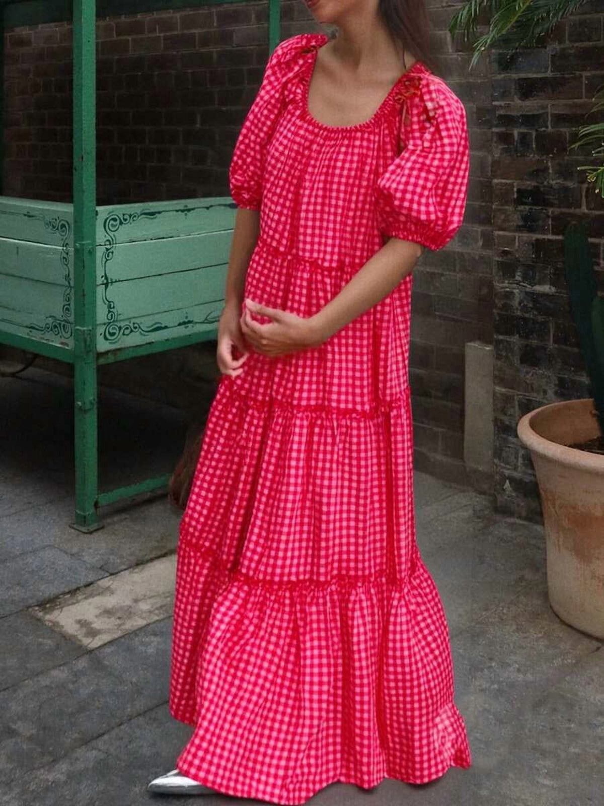 thumbnail image 3 of Womens Rose Red Gingham Tiered Puff Sleeve Square Neck Maxi Dress, 3 of 11