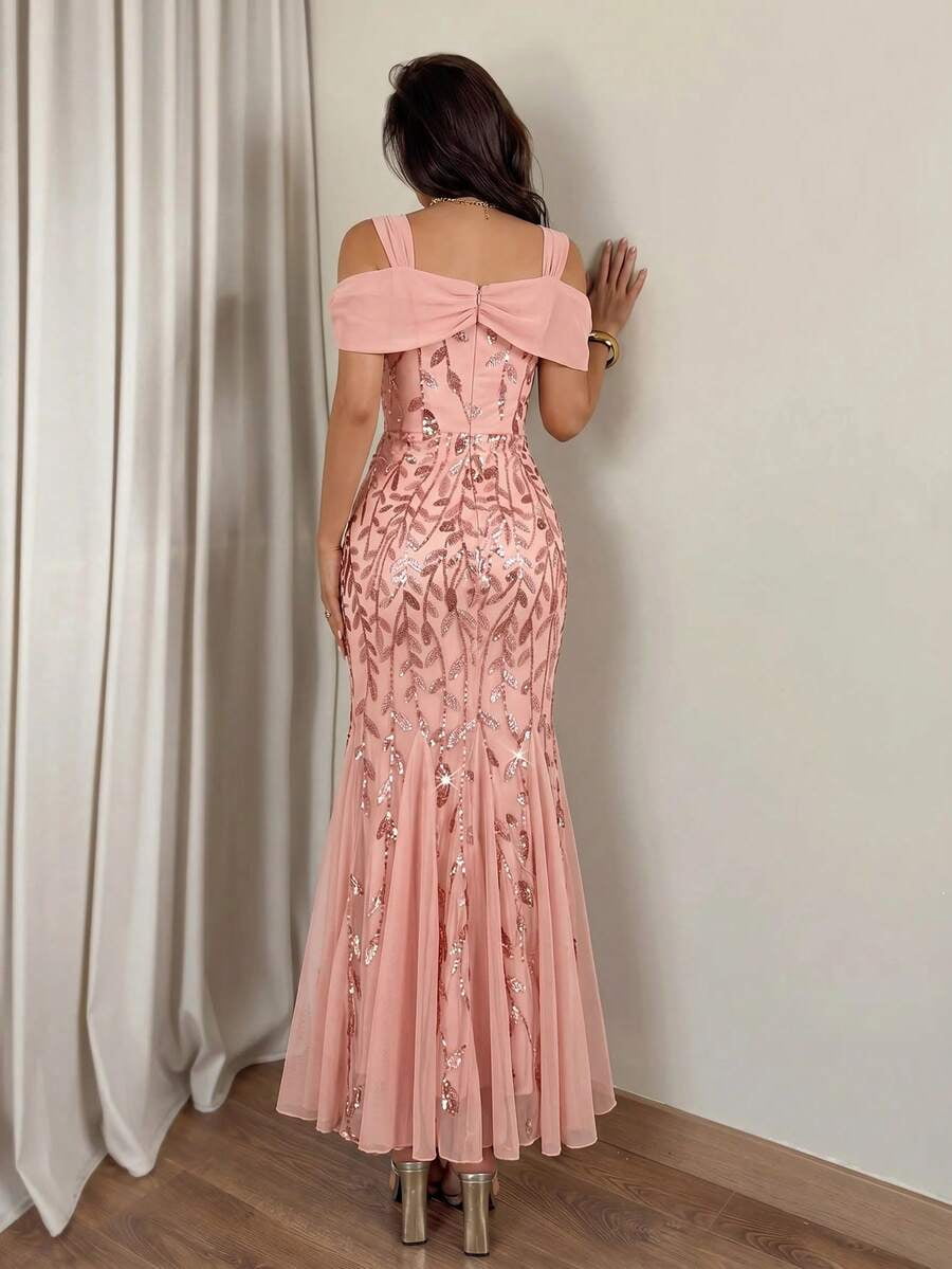 thumbnail image 5 of Dusty Pink Sequin Mermaid Evening Gown, Off-Shoulder Long Formal Party, 5 of 10