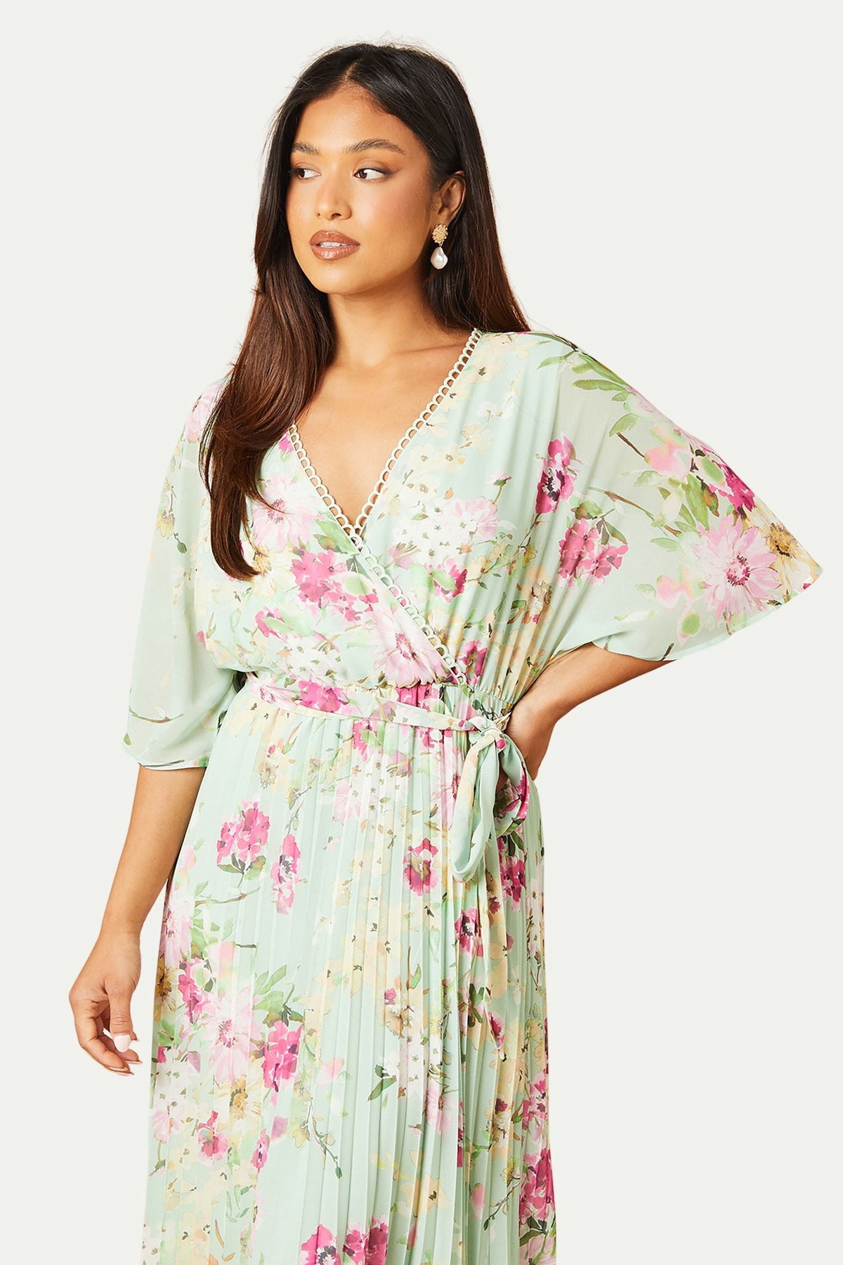 thumbnail image 4 of Oasis Petite Occasion Pleated Midi Dress - Green, 6, 4 of 5