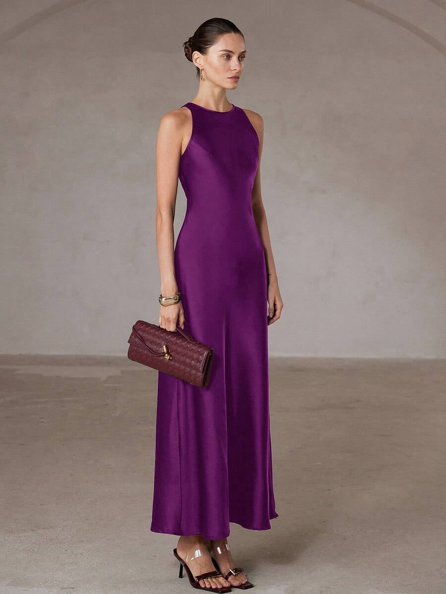 thumbnail image 2 of Womens Red Violet Satin Halter Maxi Dress Formal Elegant Evening Party, 2 of 7
