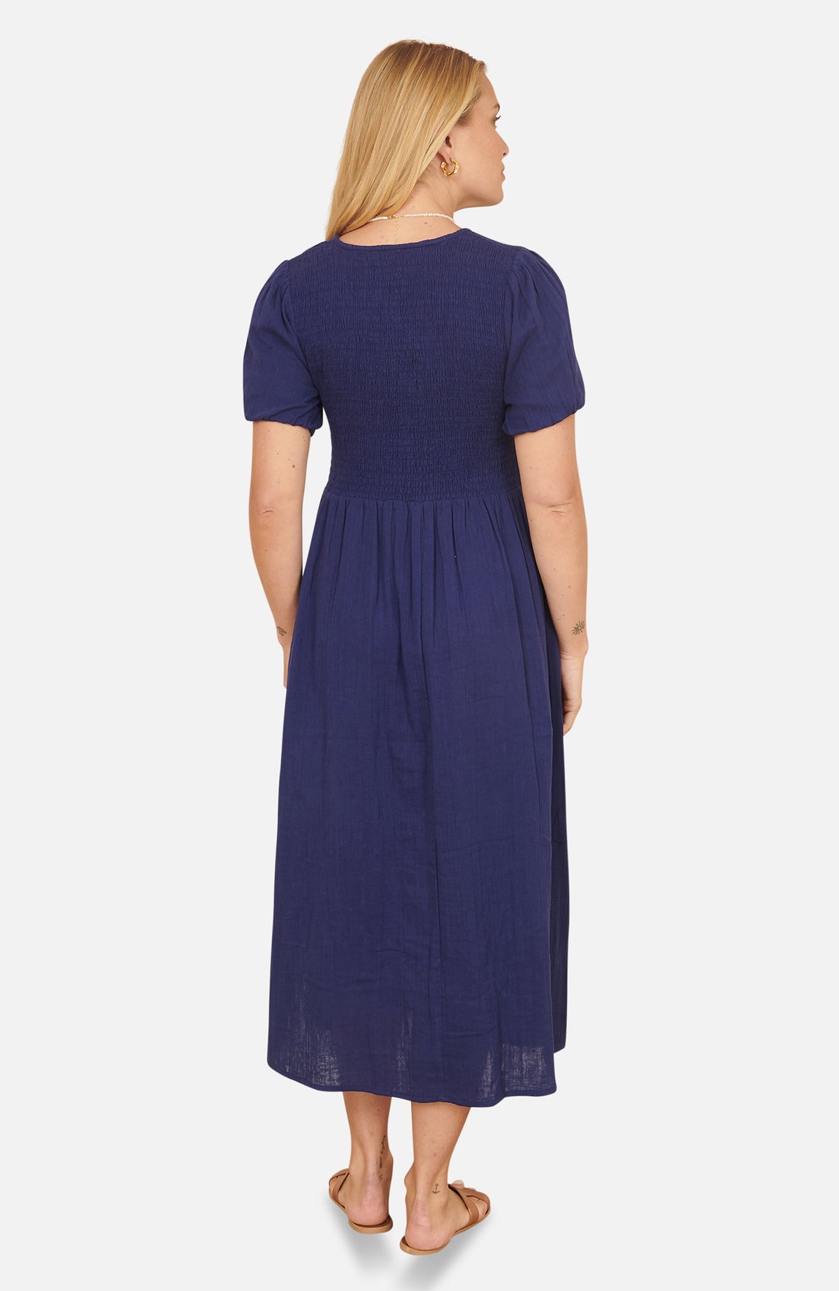thumbnail image 2 of Yumi Double Cotton Ruched Midi Dress - Navy, 4, 2 of 5
