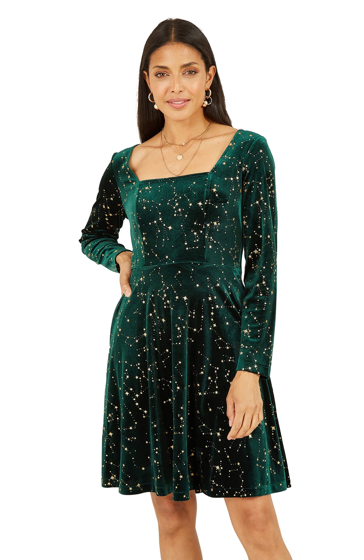 thumbnail image 3 of Yumi Star Foil Print Skater Dress - Green, 14, 3 of 6