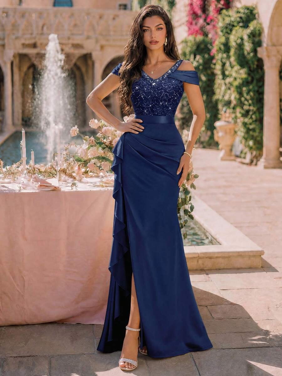thumbnail image 5 of Blue Off Shoulder Sequin Bodice Satin Evening Maxi Dress With Side Ruffle, 5 of 10