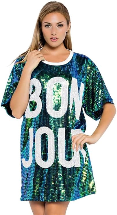 thumbnail image 1 of 2Chique Boutique Women's Oversized Sequins Classic Bonjour T-Shirt Dress, 1 of 4