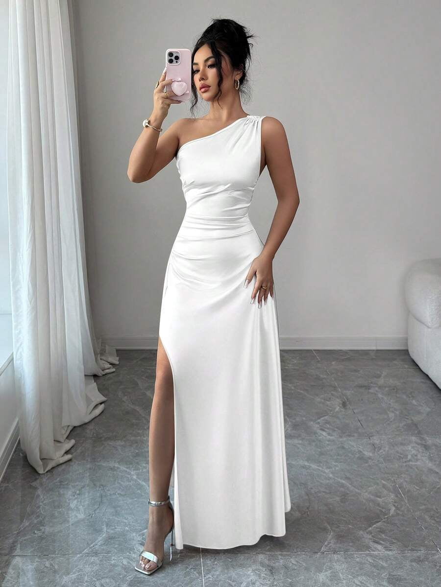 thumbnail image 5 of Womens White Satin One Shoulder Evening Gown with Ruched Waist High Slit, 5 of 6