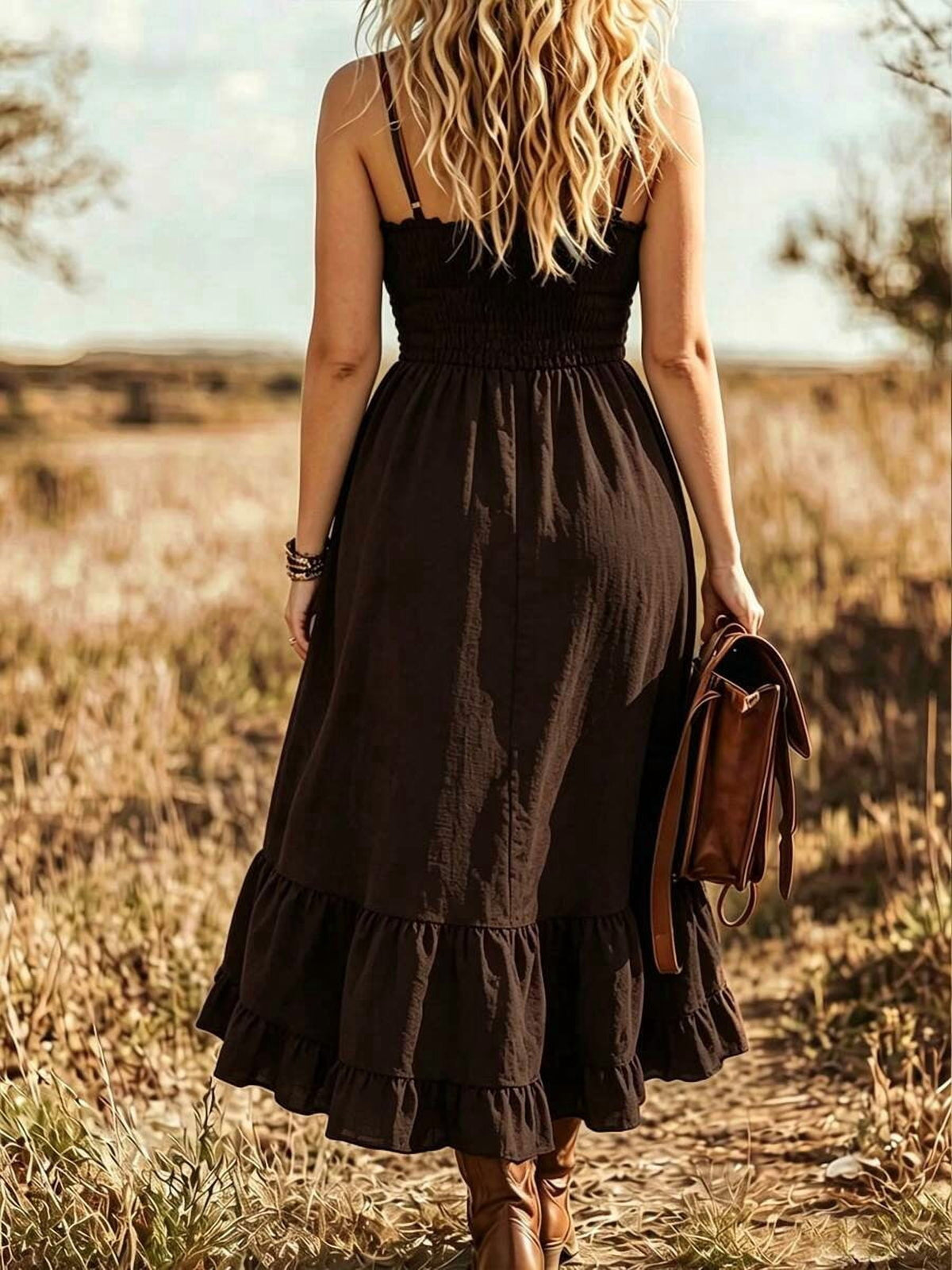 thumbnail image 3 of Plus Size Brown Bohemian Cami Dress Asymmetrical Ruffle Hem Tiered Skirt, 3 of 3