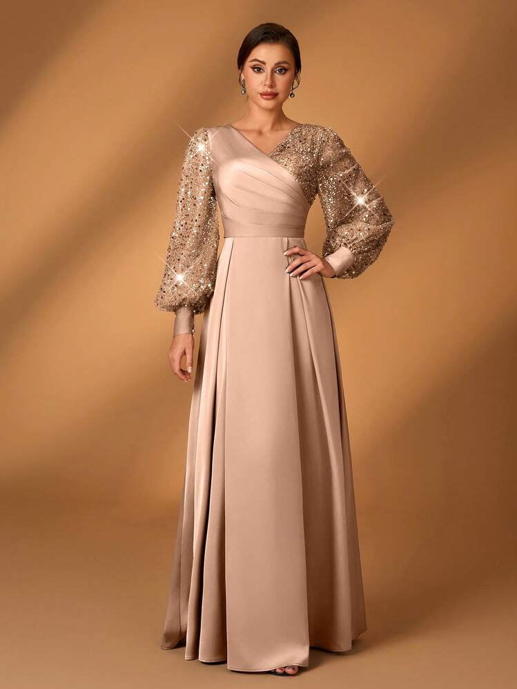 thumbnail image 6 of Champagne V Neck A Line Evening Dress with Sequin Lantern Sleeves, 6 of 7