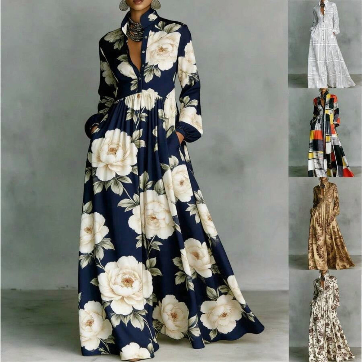 thumbnail image 2 of Floral Print Long Sleeve Shirt Dress With Collar Pockets And A-Line Skirt, 2 of 23