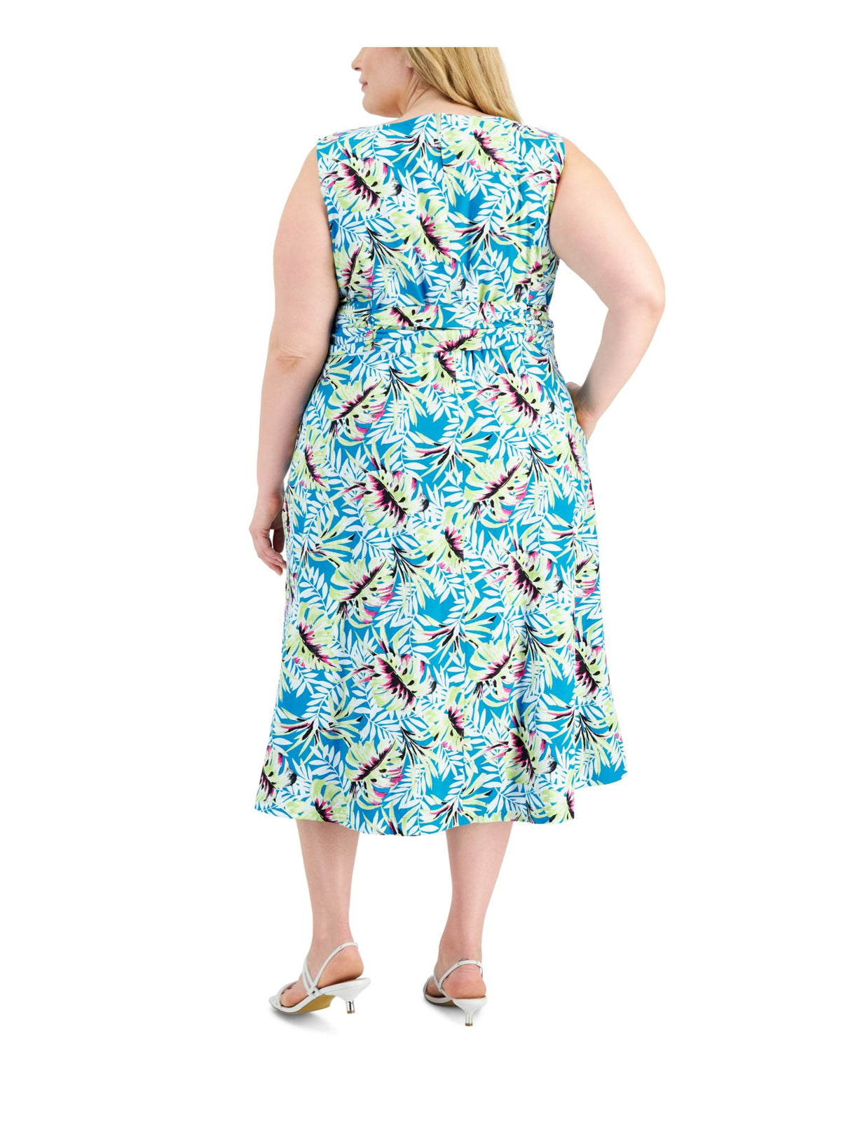 thumbnail image 2 of ANNE KLEIN Womens Teal Tie Lined Hook And Eye Closure Printed Sleeveless V Neck Midi Fit + Flare Dress Plus 3X, 2 of 4