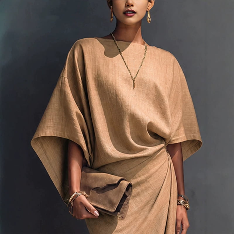 thumbnail image 2 of Morttic Women's Batwing Sleeve Solid Color Crew Neck Ruched Waist Irregular Hem Formal Midi Dress Chic for Vacation Party Khaki，S, 2 of 4