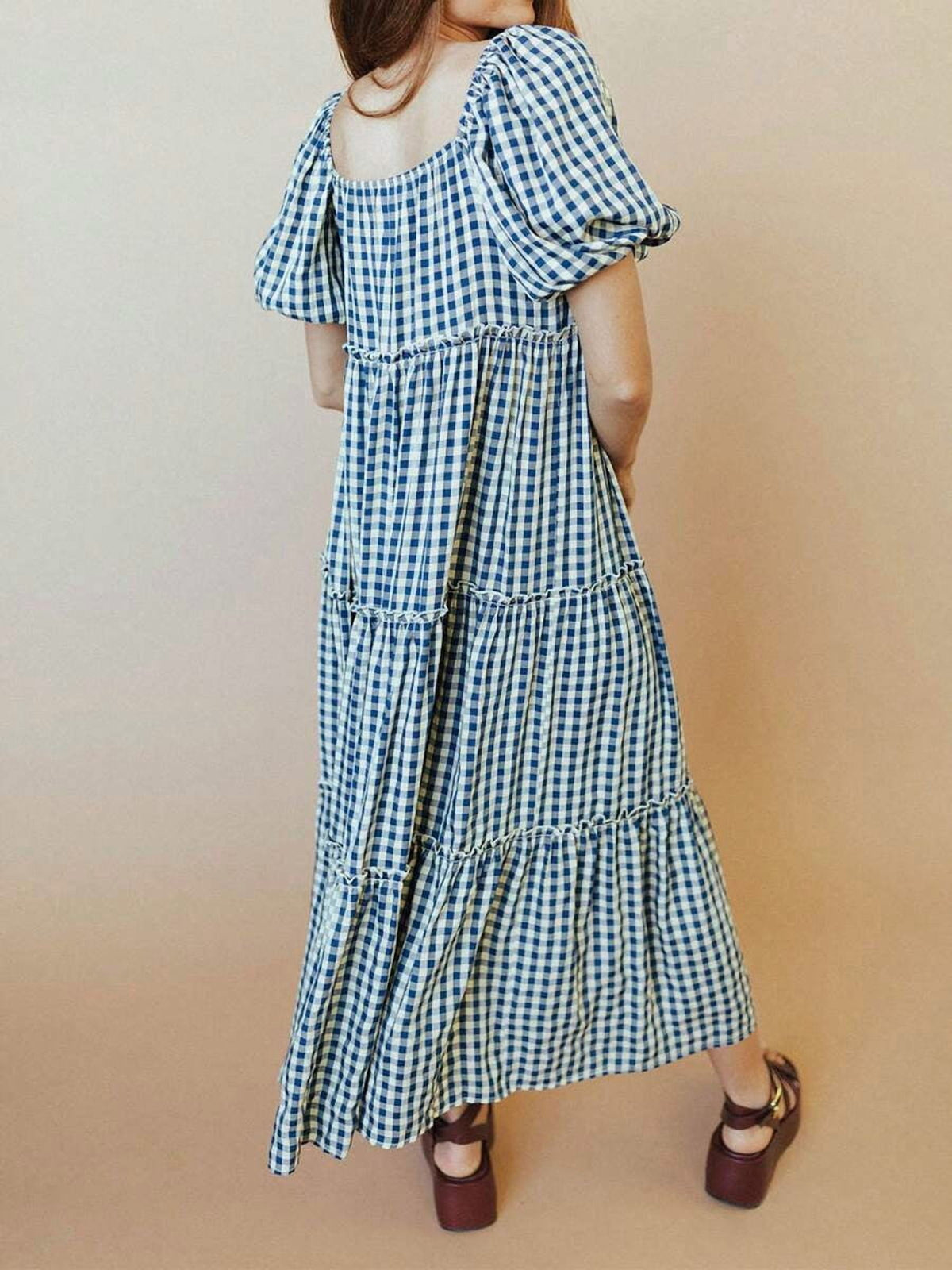 thumbnail image 6 of Womens Rose Red Gingham Tiered Puff Sleeve Square Neck Maxi Dress, 6 of 11