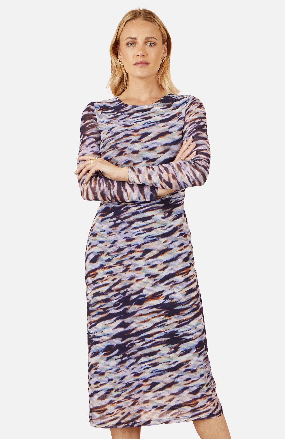thumbnail image 4 of Yumi Abstract Stripe Ruched Midi Dress - Navy, 4, 4 of 6
