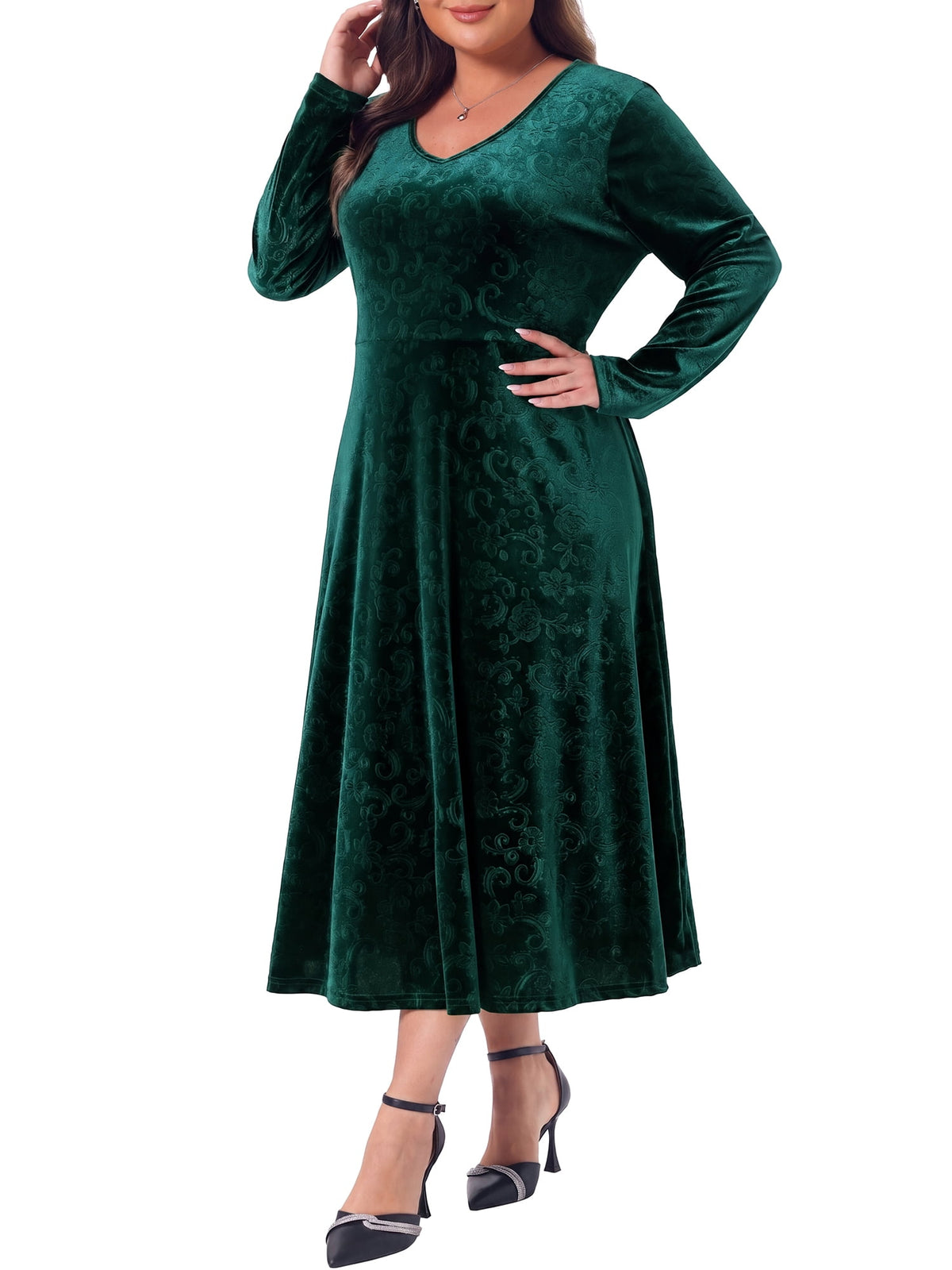 thumbnail image 5 of Agnes Orinda Women's Plus Size Halloween Outfits Velvet Jacquard V Neck Long Sleeve Flowy Dress Cocktail Evening Party Maxi A Line Dresses L Green, 5 of 9