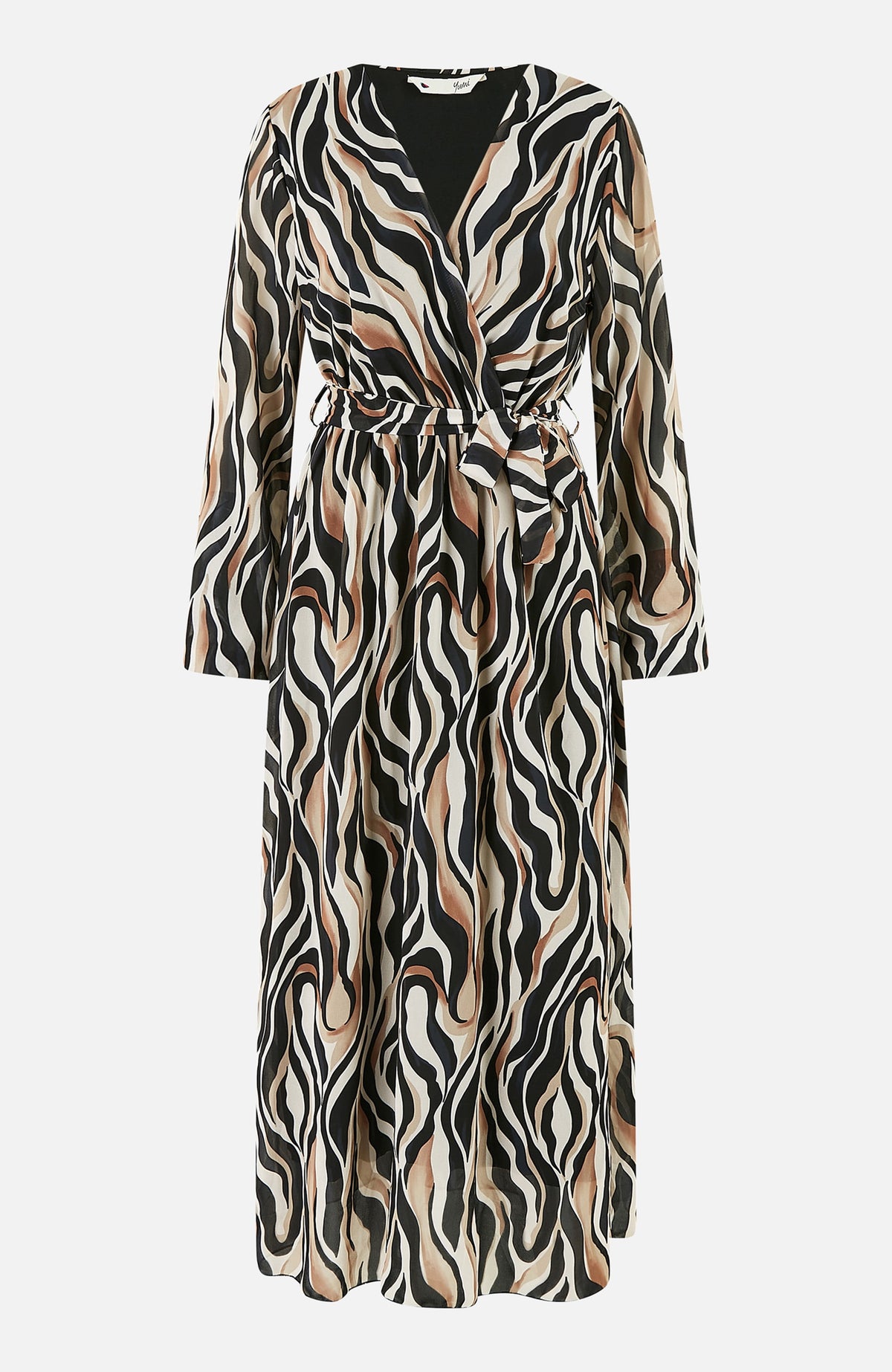thumbnail image 5 of Yumi Animal Swirl Midi Wrap Dress - Black, 4, 5 of 6