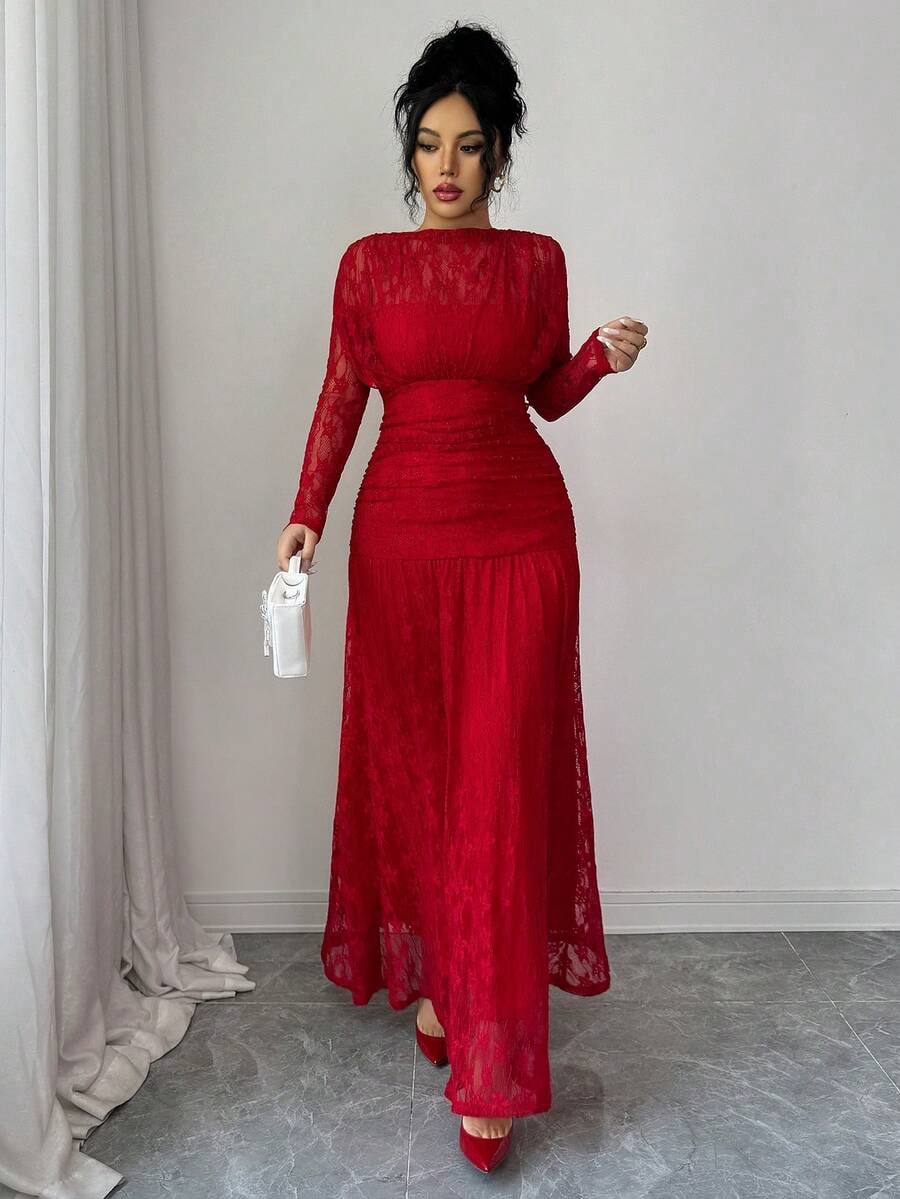 thumbnail image 5 of Red Lace Ruched Long Sleeve Bodycon Maxi Dress For Evening Or Party, 5 of 30