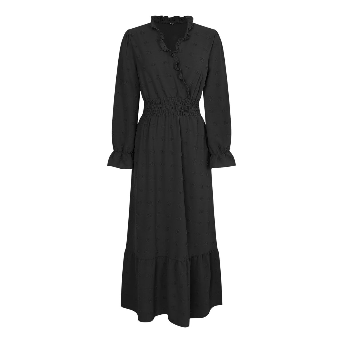 thumbnail image 4 of felwors Women Fall Maxi Dresses 2025 Long Sleeve V Neck Swiss Dots High Waisted A-Line Ruffle Boho Long Dress Vacation Black, XL, 4 of 5
