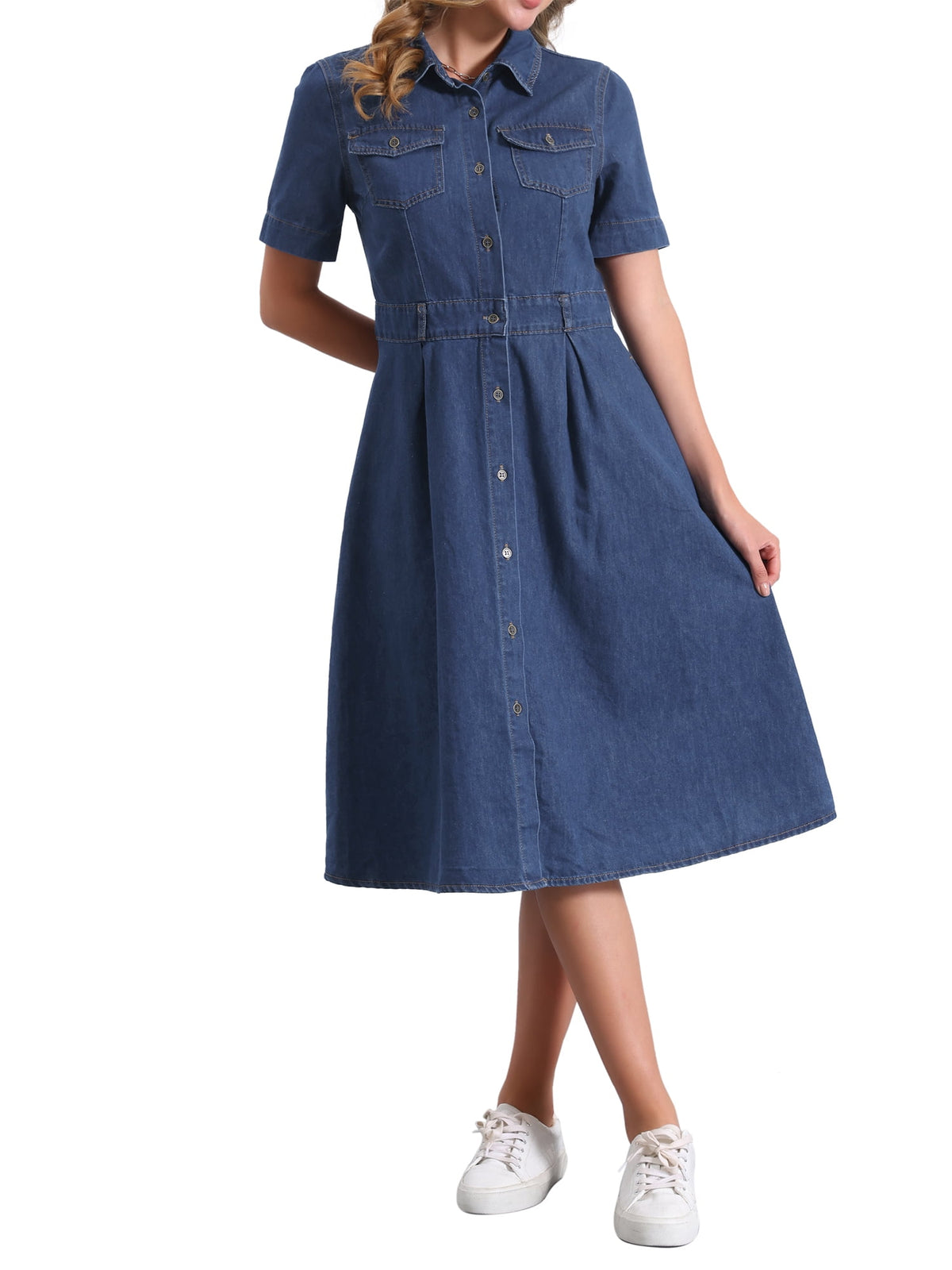 thumbnail image 2 of INSPIRE CHIC Women's Denim Dress Short Sleeves Turndown Collar A-Line Button Up Jean Midi Dresses S Dark Blue, 2 of 6