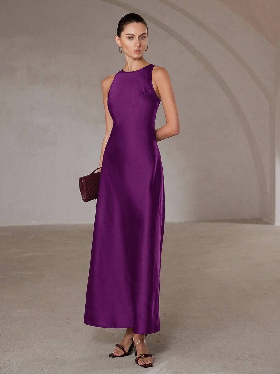 thumbnail image 5 of Womens Red Violet Satin Halter Maxi Dress Formal Elegant Evening Party, 5 of 7