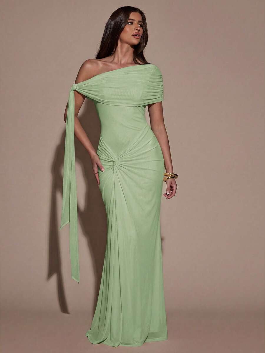 thumbnail image 4 of Mint Green One Shoulder Ruched Bodycon Maxi Dress For Evening Party, 4 of 30