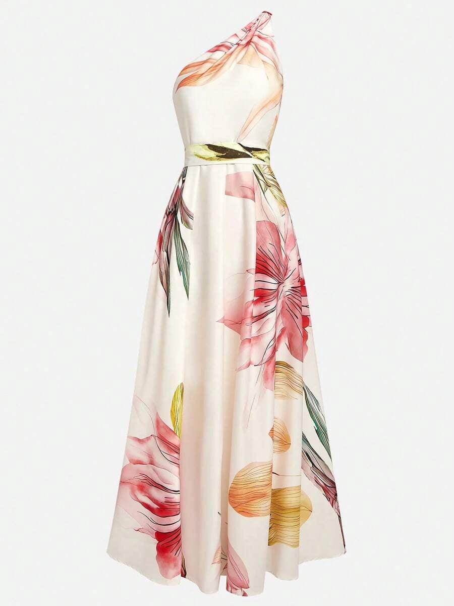 thumbnail image 2 of Apricot Floral Halter Maxi Dress With Belt, Sleeveless Elegant Evening Gown, 2 of 5