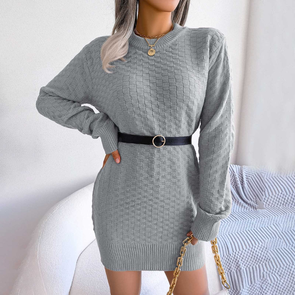 thumbnail image 5 of GPOECD Womens Sweater Dresses for Fall Knit Mini Long Sleeve Crewneck Solid Color Plaid Loose Casual Comfy Basic Sweater Dress for Women Winter, 5 of 6