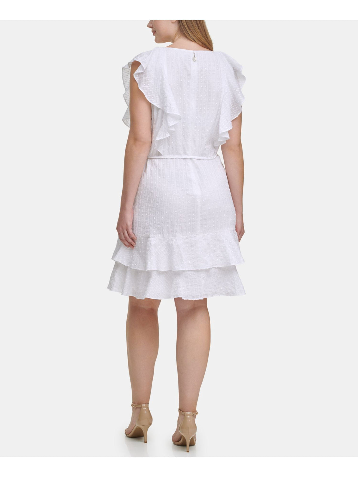 thumbnail image 2 of TOMMY HILFIGER Womens White Zippered Ruffled Self-tie Waist Cap Sleeve V Neck Above The Knee Party Fit + Flare Dress Plus 22W, 2 of 4