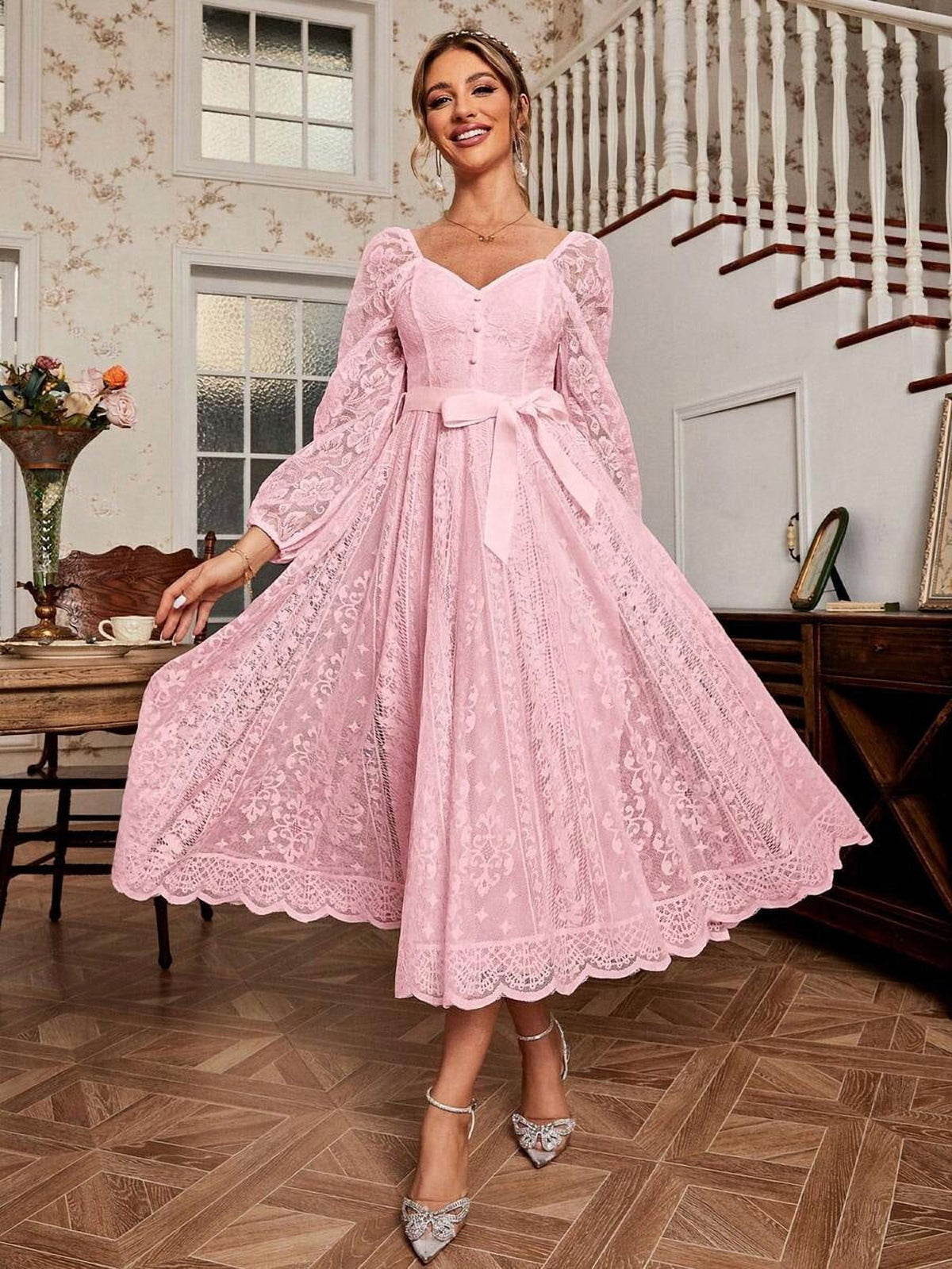 thumbnail image 2 of Elegant Pink Lace Fit & Flare Midi Dress With V-Neck And Belted Waist, 2 of 17