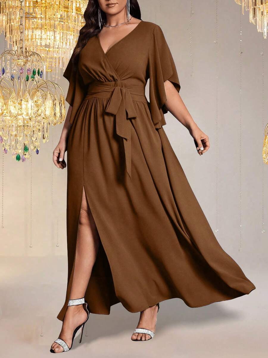 thumbnail image 4 of Dress Brown Tie Waist Flutter Sleeves Split Hem Elegant Party Gown, 4 of 7